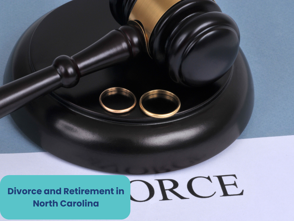 a gavel and a set of wedding rings - a concept for divorce and retirement in North Carolina