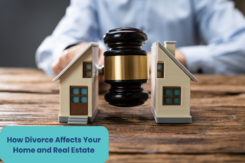 a gavel and a house divided into two - a concept on how divorce affects your real estate