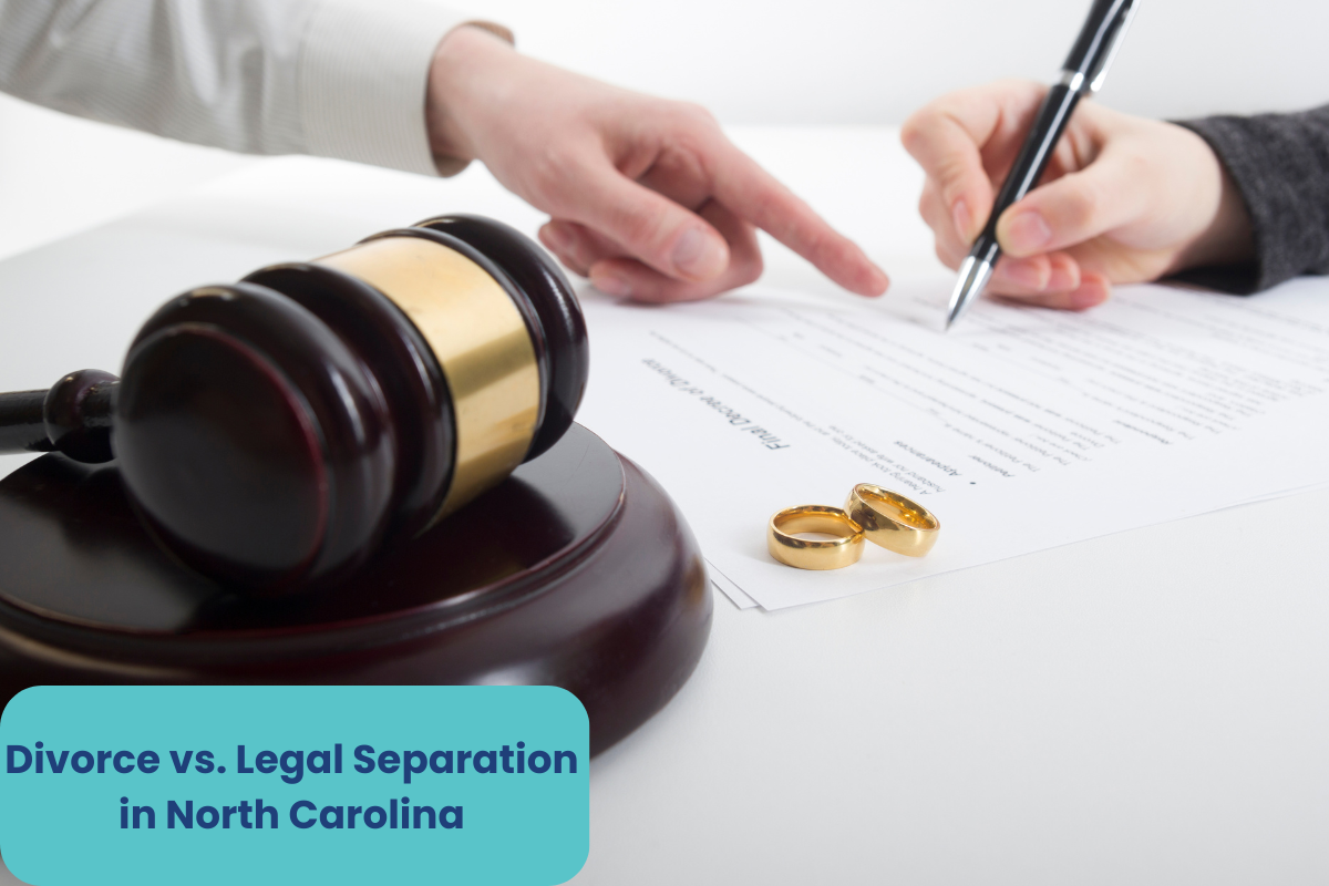 a gavel, wedding ring, hand of a couple signing divorce papers or legal separation documents