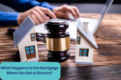 a house split into two, a gavel, a divorce lawyer - a representation of what will happen to mortgage after a divorce