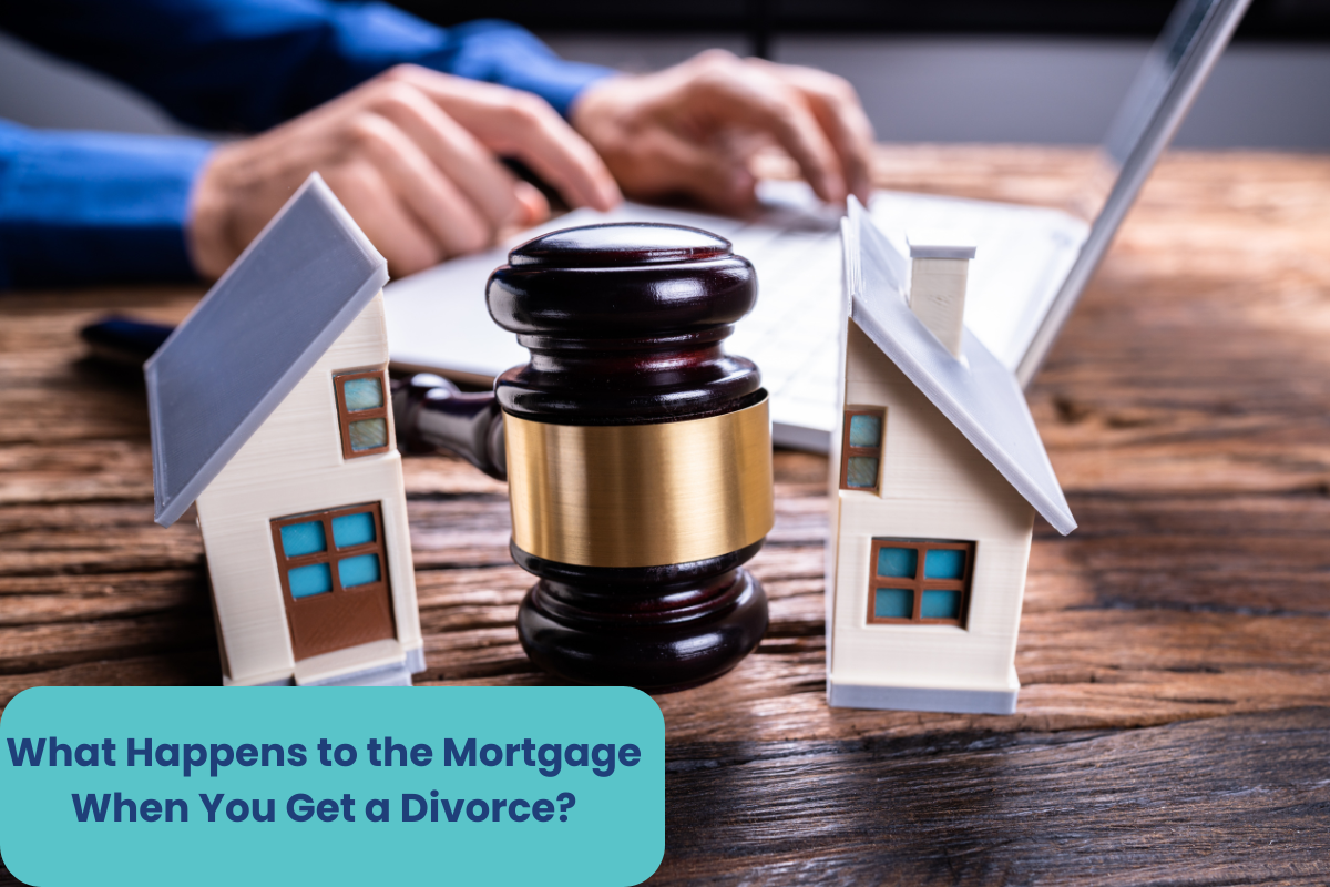 a house split into two, a gavel, a divorce lawyer - a representation of what will happen to mortgage after a divorce